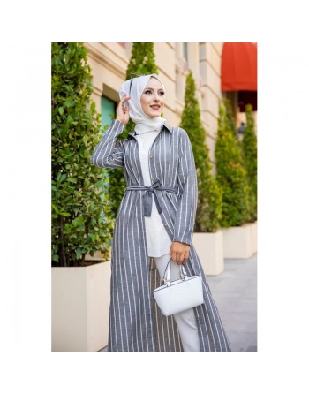 Robe à rayure boutonnée (ouverte) sur toute la longueur avec ceinture assortie pour femme (Vetement hijab été) - Rayures... 