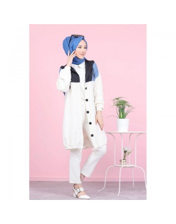 Veste Tunique boutonnée à capuche (Vetement moderne pas cher pour femme voilée) - Couleur bleu indigo 