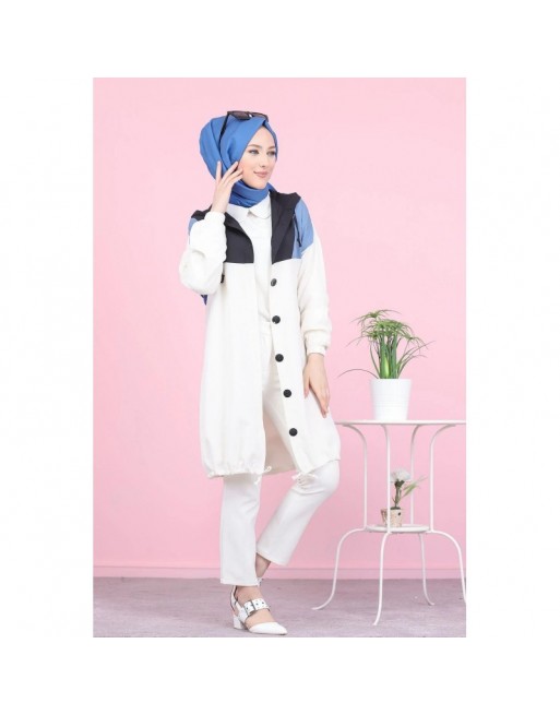 Veste Tunique boutonnée à capuche (Vetement moderne pas cher pour femme voilée) - Couleur bleu indigo Veste Tunique boutonnée à capuche (Vetement moderne pas cher pour femme voilée) - Couleur bleu indigo
