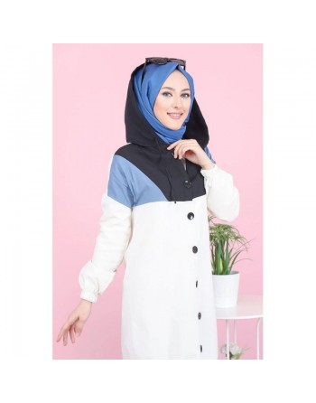 Veste Tunique boutonnée à capuche (Vetement moderne pas cher pour femme voilée) - Couleur bleu indigo 