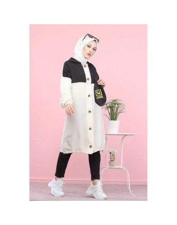 Veste longue bicolore à capuche (Mode Musulmane) - Couleur noir et blanc 