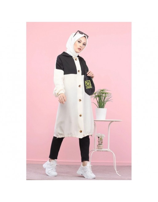 Veste longue bicolore à capuche (Mode Musulmane) - Couleur noir et blanc Veste longue bicolore à capuche (Mode Musulmane) - Couleur noir et blanc