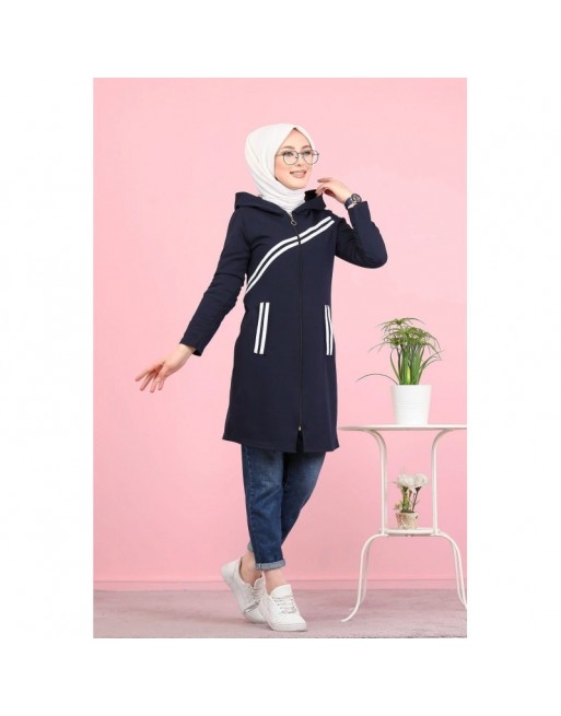 Veste sweat à capuche avec bandes pour jeune femme musulmane - Couleur bleu marine Veste sweat à capuche avec bandes pour jeune femme musulmane - Couleur bleu marine