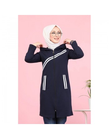 Veste sweat à capuche avec bandes pour jeune femme musulmane - Couleur bleu marine 