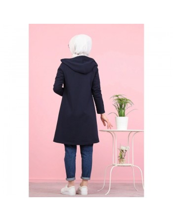 Veste sweat à capuche avec bandes pour jeune femme musulmane - Couleur bleu marine 