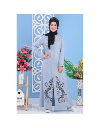 Robe longue boutonnée motif floral pour femme musulmane voilée (Grande taille disponible) - Couleur bleu-gris clair 