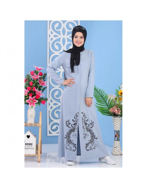 Robe longue boutonnée motif floral pour femme musulmane voilée (Grande taille disponible) - Couleur bleu-gris clair Robe longue boutonnée motif floral pour femme musulmane voilée (Grande taille disponible) - Couleur bleu-gris clair