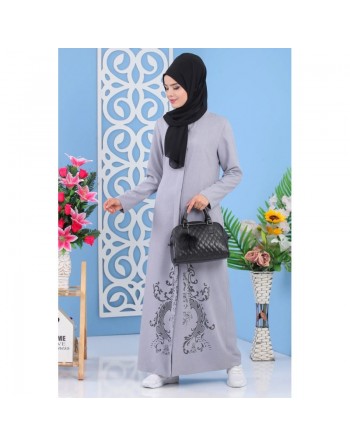 Robe longue boutonnée motif floral pour femme musulmane voilée (Grande taille disponible) - Couleur bleu-gris clair 