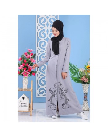 Robe longue boutonnée motif floral pour femme musulmane voilée (Grande taille disponible) - Couleur bleu-gris clair 