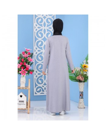 Robe longue boutonnée motif floral pour femme musulmane voilée (Grande taille disponible) - Couleur bleu-gris clair 