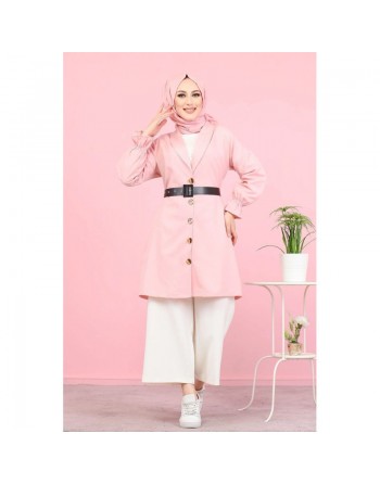 Veste longue classique boutonnée élégante (Vêtement Hijab) - Couleur rose 