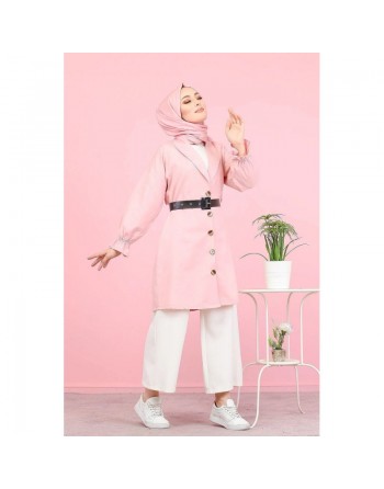 Veste longue classique boutonnée élégante (Vêtement Hijab) - Couleur rose 