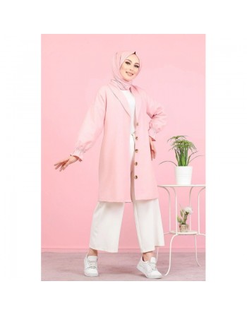 Veste longue classique boutonnée élégante (Vêtement Hijab) - Couleur rose 