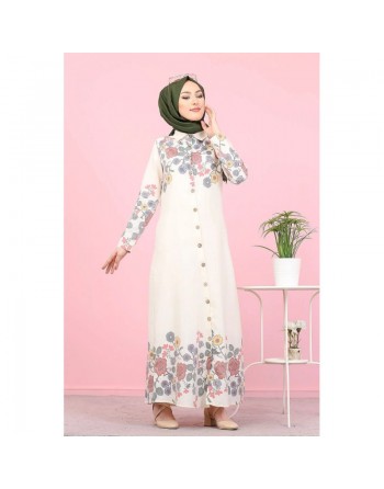 Robe-Chemise longue à fleurs pour femme (Vetement Hijab France) - Couleur écru 