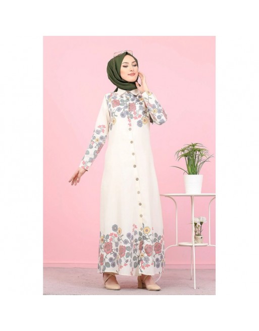 Robe-Chemise longue à fleurs pour femme (Vetement Hijab France) - Couleur écru Robe-Chemise longue à fleurs pour femme (Vetement Hijab France) - Couleur écru