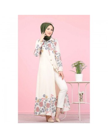 Robe-Chemise longue à fleurs pour femme (Vetement Hijab France) - Couleur écru 