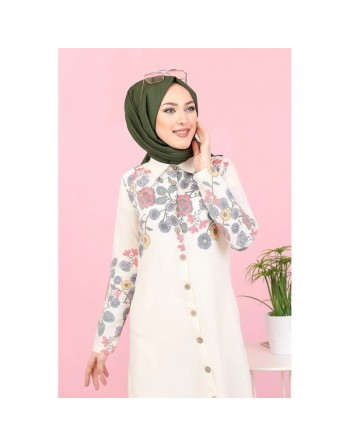 Robe-Chemise longue à fleurs pour femme (Vetement Hijab France) - Couleur écru 