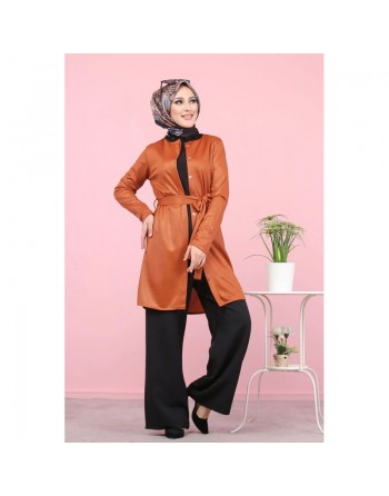 Veste-tunique satinée à ceinture pour femme (Mode musulmane en ligne pas cher) - Couleur rouille 