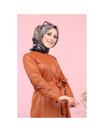Veste-tunique satinée à ceinture pour femme (Mode musulmane en ligne pas cher) - Couleur rouille 