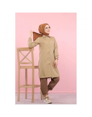 Tunique-Chemise ample boutonnée (Vetement décontracté femme voilée) - Couleur Beige foncé 