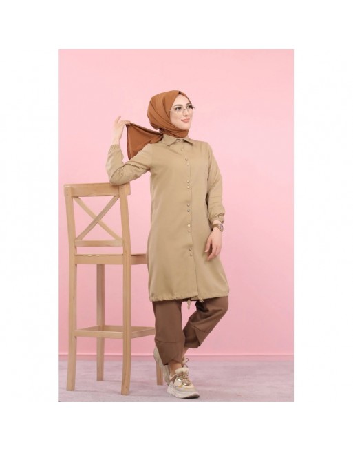 Tunique-Chemise ample boutonnée (Vetement décontracté femme voilée) - Couleur Beige foncé 