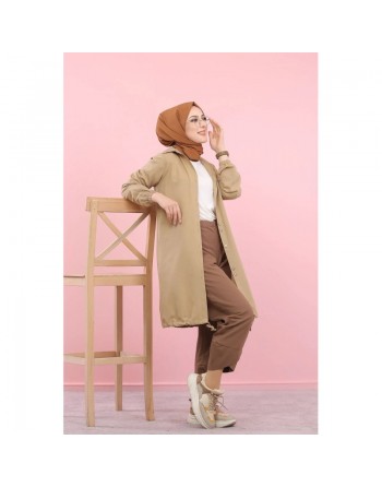 Tunique-Chemise ample boutonnée (Vetement décontracté femme voilée) - Couleur Beige foncé 