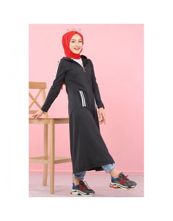 Cardigan long à capuche - Robe zippée style sportswear pour femme voilée - Couleur Noir 