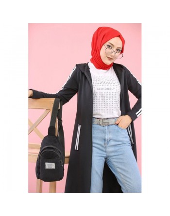 Cardigan long à capuche - Robe zippée style sportswear pour femme voilée - Couleur Noir 