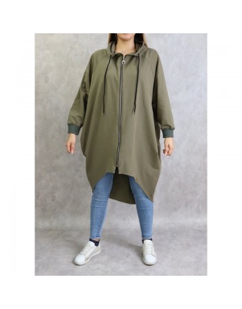 Veste longue sportswear avec capuche de couleur kaki 