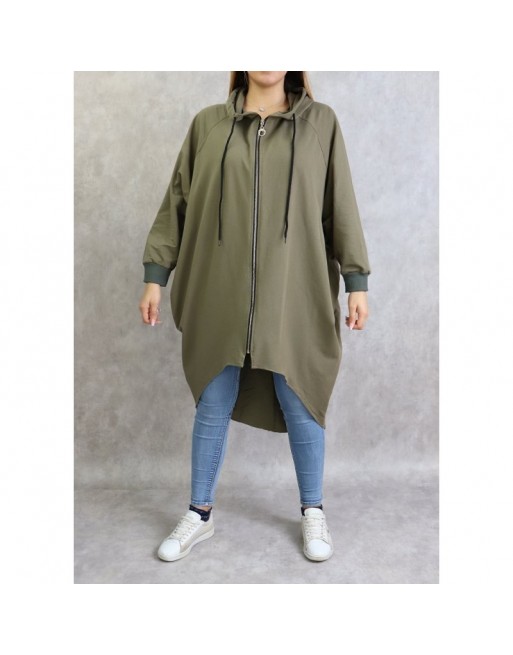 Veste longue sportswear avec capuche de couleur kaki Veste longue sportswear avec capuche de couleur kaki