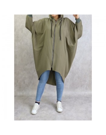 Veste longue sportswear avec capuche de couleur kaki 