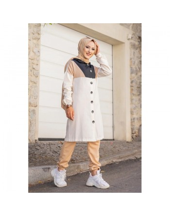 Veste Tunique boutonnée à capuche (Vetement décontracté femme hijab) - Couleur beige 