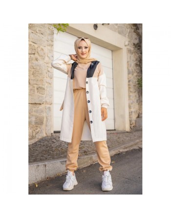 Veste Tunique boutonnée à capuche (Vetement décontracté femme hijab) - Couleur beige 