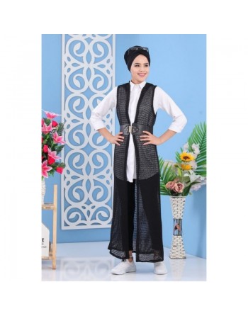 Cardigan Gilet long avec capuche sans manches pour femme - Couleur Bleu nuit 