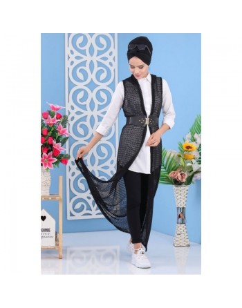 Cardigan Gilet long avec capuche sans manches pour femme - Couleur Bleu nuit 