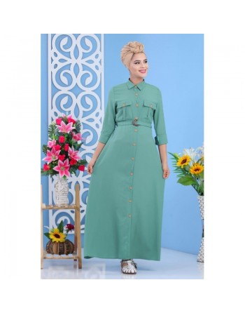 Robe longue boutonnée avec ceinture et poches pour femme - Marque Amelis Paris - Couleur kaki 