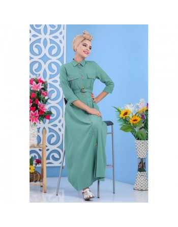 Robe longue boutonnée avec ceinture et poches pour femme - Marque Amelis Paris - Couleur kaki 
