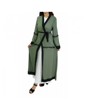 Gilet en mousseline avec ceinture et broderies - Vert militaire 