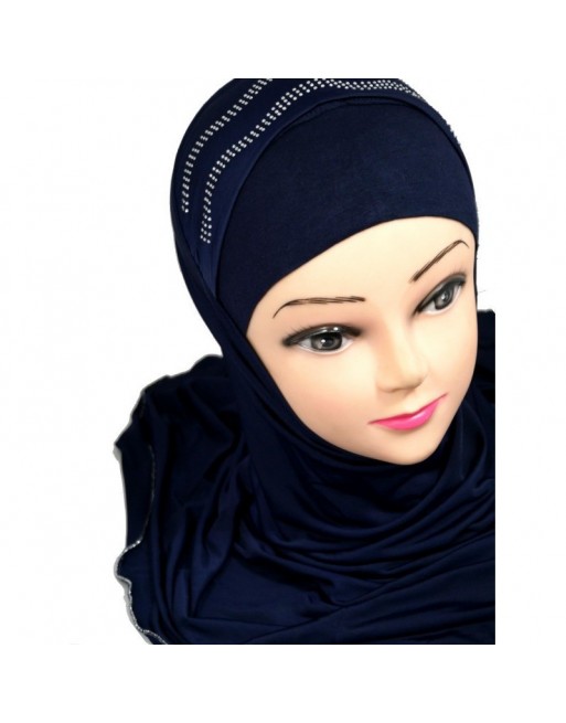 Hijab bleu pailleté avec décorations et chaines fines Hijab bleu pailleté avec décorations et chaines fines