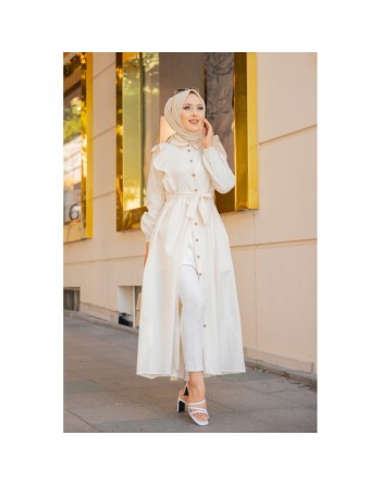 Robe longue boutonnée à froufrou (Tenue Hijab Turque pour femme voilée) - Couleur Crème 