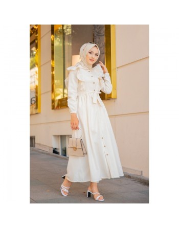 Robe longue boutonnée à froufrou (Tenue Hijab Turque pour femme voilée) - Couleur Crème 