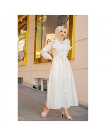 Robe longue boutonnée à froufrou (Tenue Hijab Turque pour femme voilée) - Couleur Crème 