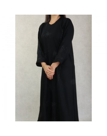 Robe Abaya Dubaï noire de qualité avec strass avec son châle assorti 