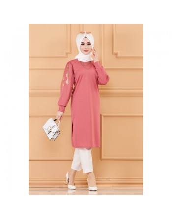 Tunique longue avec dorure (Vêtement femme voilée chic) - Couleur rose 