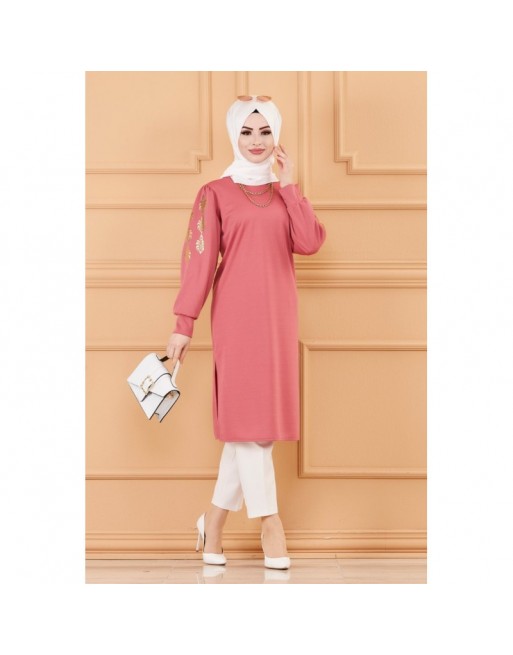 Tunique longue avec dorure (Vêtement femme voilée chic) - Couleur rose Tunique longue avec dorure (Vêtement femme voilée chic) - Couleur rose