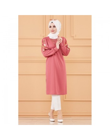 Tunique longue avec dorure (Vêtement femme voilée chic) - Couleur rose 