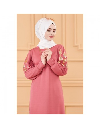 Tunique longue avec dorure (Vêtement femme voilée chic) - Couleur rose 
