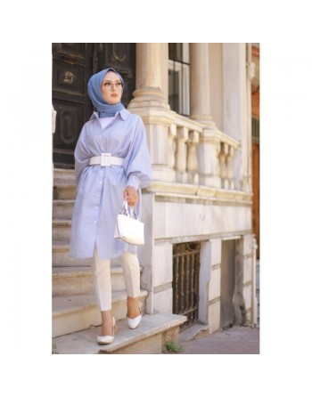 Chemise-Tunique longue à rayures (Vêtements pour femme voilée - Collection Mode musulmane) - Couleur bleu 