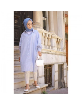 Chemise-Tunique longue à rayures (Vêtements pour femme voilée - Collection Mode musulmane) - Couleur bleu 