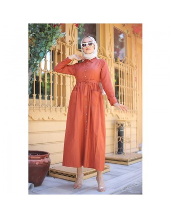 Robe chemise longue avec ceinture et grandes poches (Vetement ample pour femme voilée) - Couleur brique 